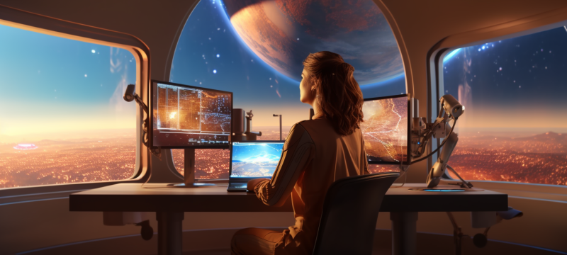 Eine Frau sitzt an einem Schreibtisch mit zwei Monitoren und einem Computer, konzentriert bei der Arbeit.