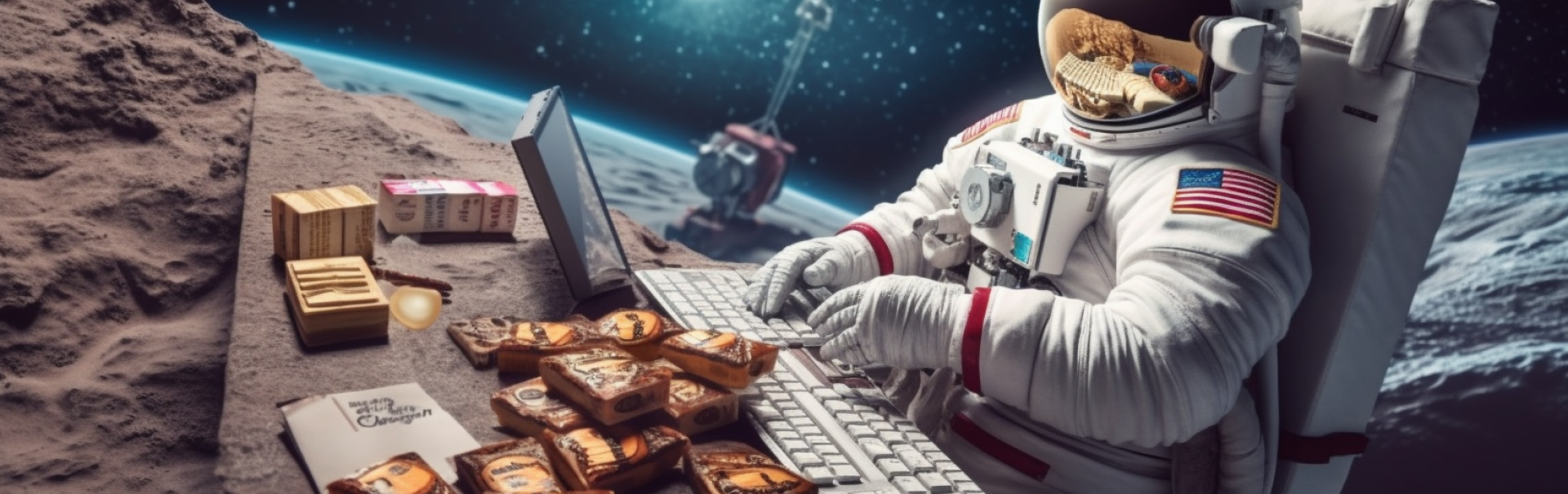 Ein Astronaut nutzt seinen Laptop im All, während er in der Schwerelosigkeit schwebt und die Sterne beobachtet.