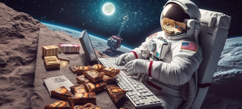 Ein Astronaut nutzt seinen Laptop im All, während er in der Schwerelosigkeit schwebt und die Sterne beobachtet.