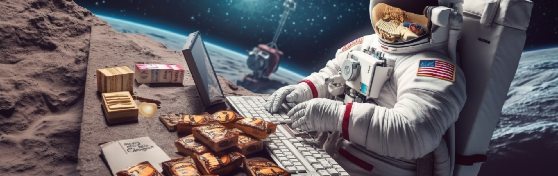 Ein Astronaut nutzt seinen Laptop im All, während er in der Schwerelosigkeit schwebt und die Sterne beobachtet.