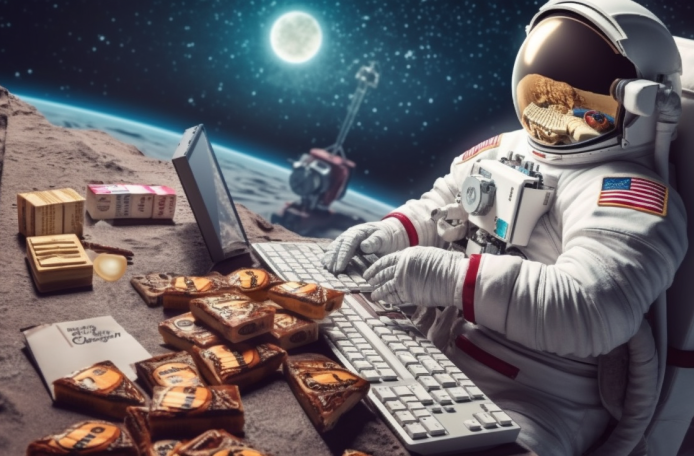 Ein Astronaut nutzt seinen Laptop im All, während er in der Schwerelosigkeit schwebt und die Sterne beobachtet.