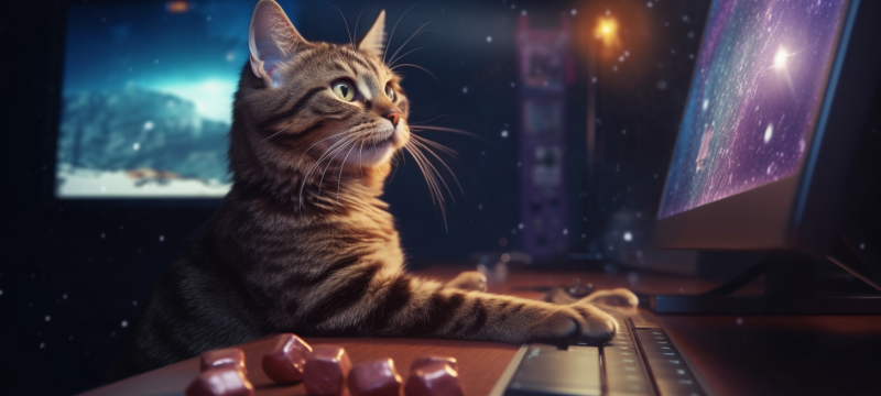 Eine Katze ist am Schreibtisch und beschäftigt sich mit einem Computerspiel, während sie aufmerksam auf den Bildschirm schaut.