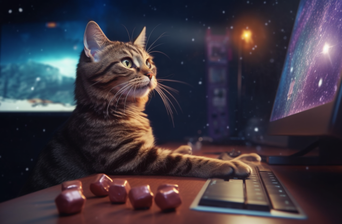 Eine Katze ist am Schreibtisch und beschäftigt sich mit einem Computerspiel, während sie aufmerksam auf den Bildschirm schaut.