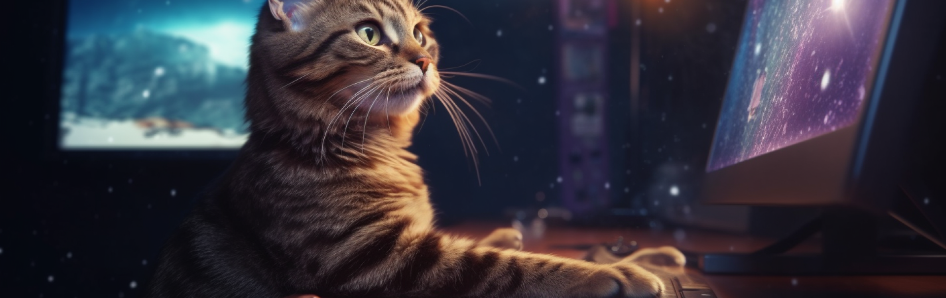 Katze sitzt vor einem Computerbildschirm mit Weltraummotiv und mehreren Pralinen auf dem Tisch