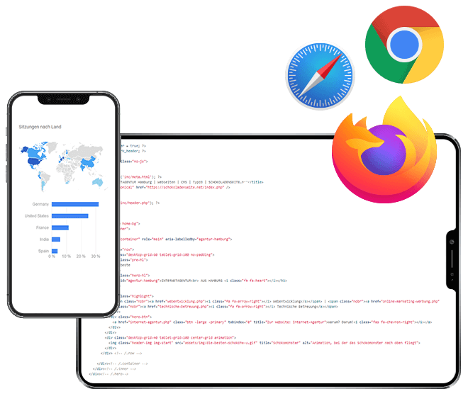 Handy und Tablet mit Statistiken und Code, sowie Browser Icons