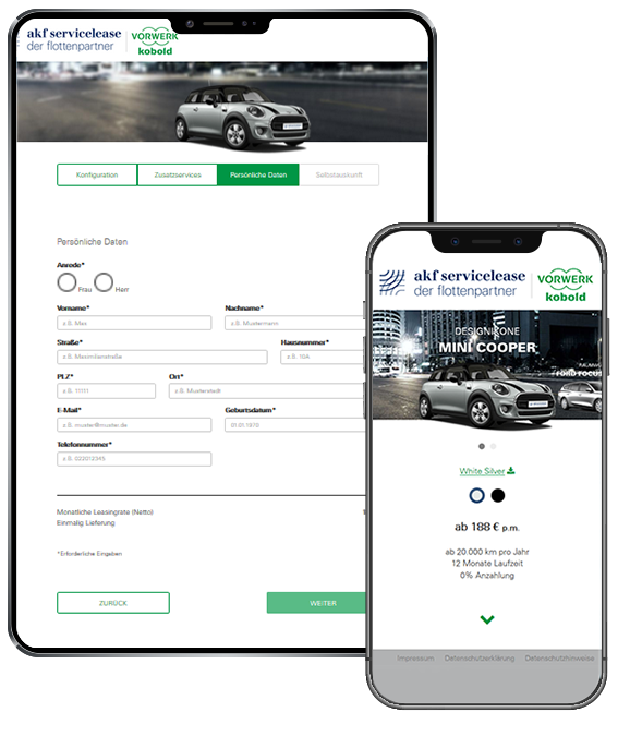 Ein Smartphone- und Tabletbildschirm zeigen AKF Servicelease Webseite