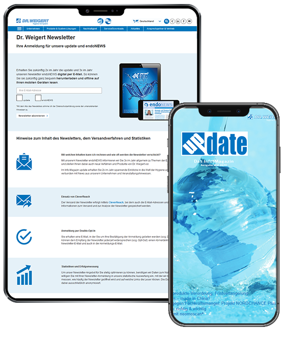 Ein Smartphone- und Tabletbildschirm zeigen Newsletter-Bilder von Dr. Weigert