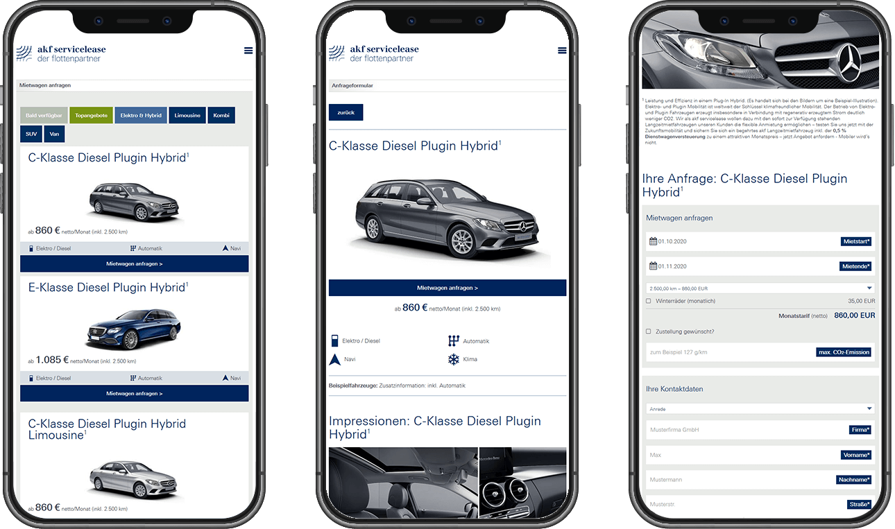 Smartphone-Bildschirme zeigen Bildauschnitte der akf-servicelease Website