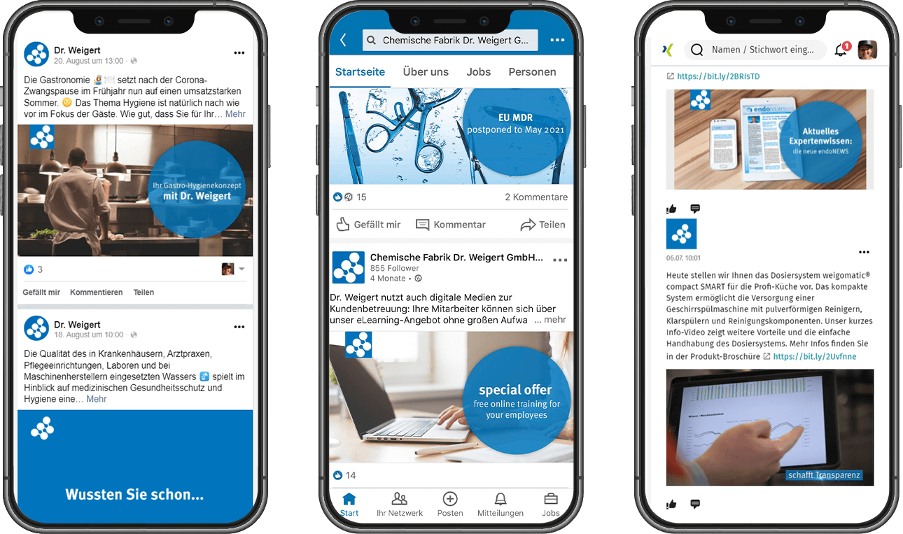 Smartphone-Bildschirme zeigen Bildauschnitte der Dr. Weigert Facebookseite