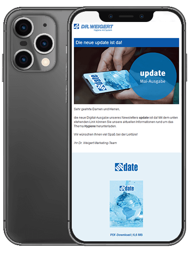 Smartphone-Bildschirm zeigt Auschnitt der Newsletter-Webseite von Dr. Weigert