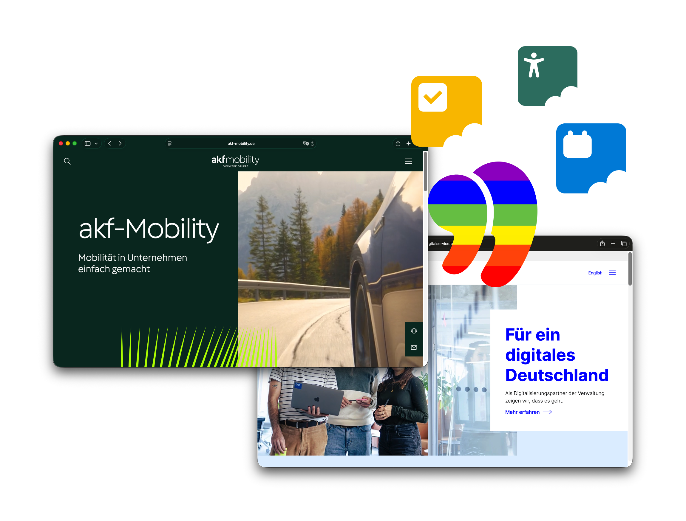 Zwei geöffnete Webseitenfenster, eines zeigt eine Fahrzeugseite mit dem Text akf-Mobility Mobilität in Unternehmen einfach gemacht, das andere eine Seite mit dem Text Für ein digitales Deutschland und mehreren Personen im Hintergrund, dazu bunte Symbole mit Häkchen, Rollstuhl und Koffer.