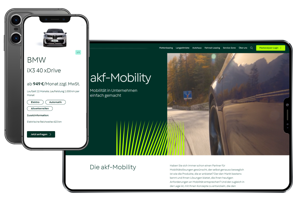 Tablet mit Webseite zu akf-Mobility und Smartphone mit Anzeige eines BMW iX3 40 xDrive Leasingangebots