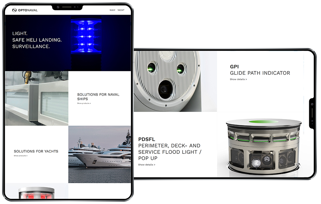 Tablet-Bildschirme zeigen Bildauschnitte der Optonaval Website