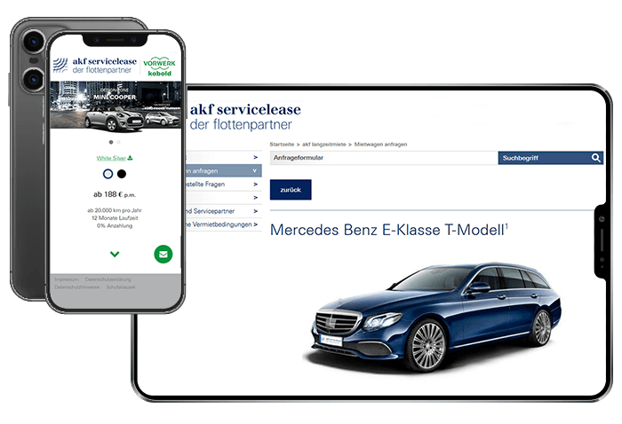 Smartphone- und Tabletbildschirm zeigen Bilder der akf-servicelease Website