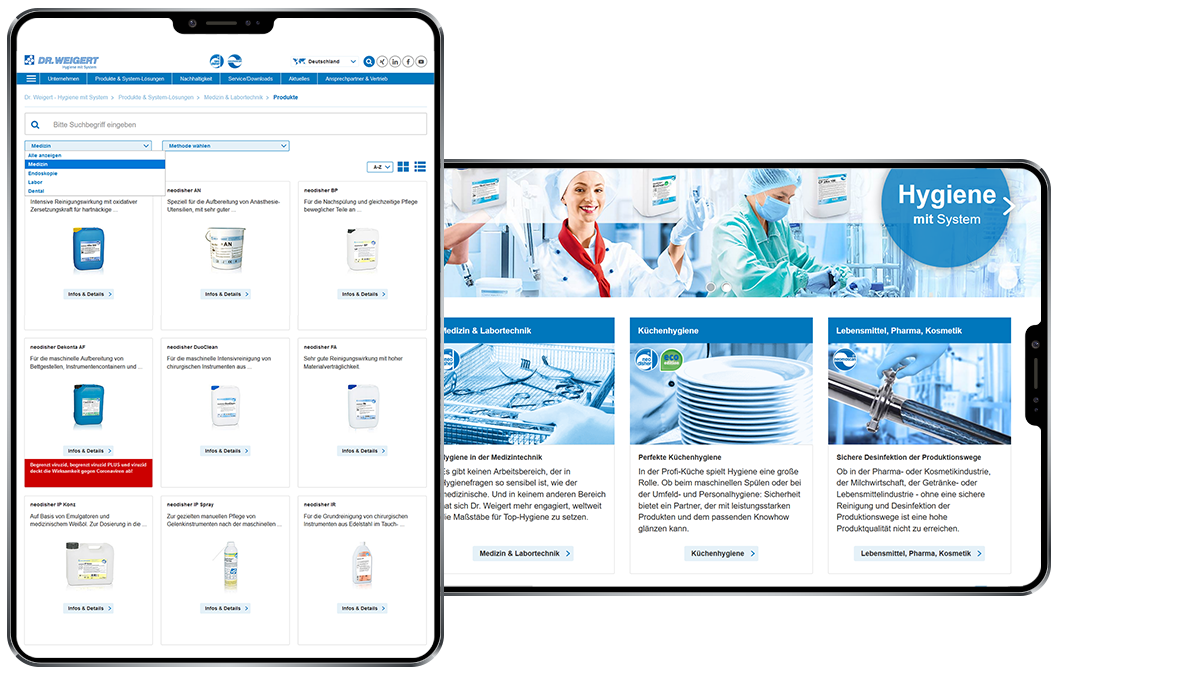 Tablet-Bildschirme zeigen Bildauschnitte der Dr. Weigert Website