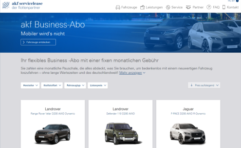 Screenshot von der Businessabo-Seite von akf Servicelease