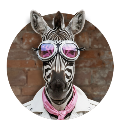 Zebra mit rosa getönten Schutzbrillen und rosa Halstuch vor Ziegelsteinwand