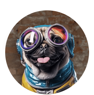 Ein Mops in Schutzbrille und Helm, der bereit ist, die Welt auf zwei Rädern zu erkunden.